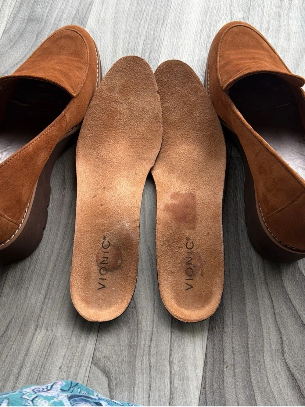 Vionic Suede Wedge Loafers in Cognac Brown